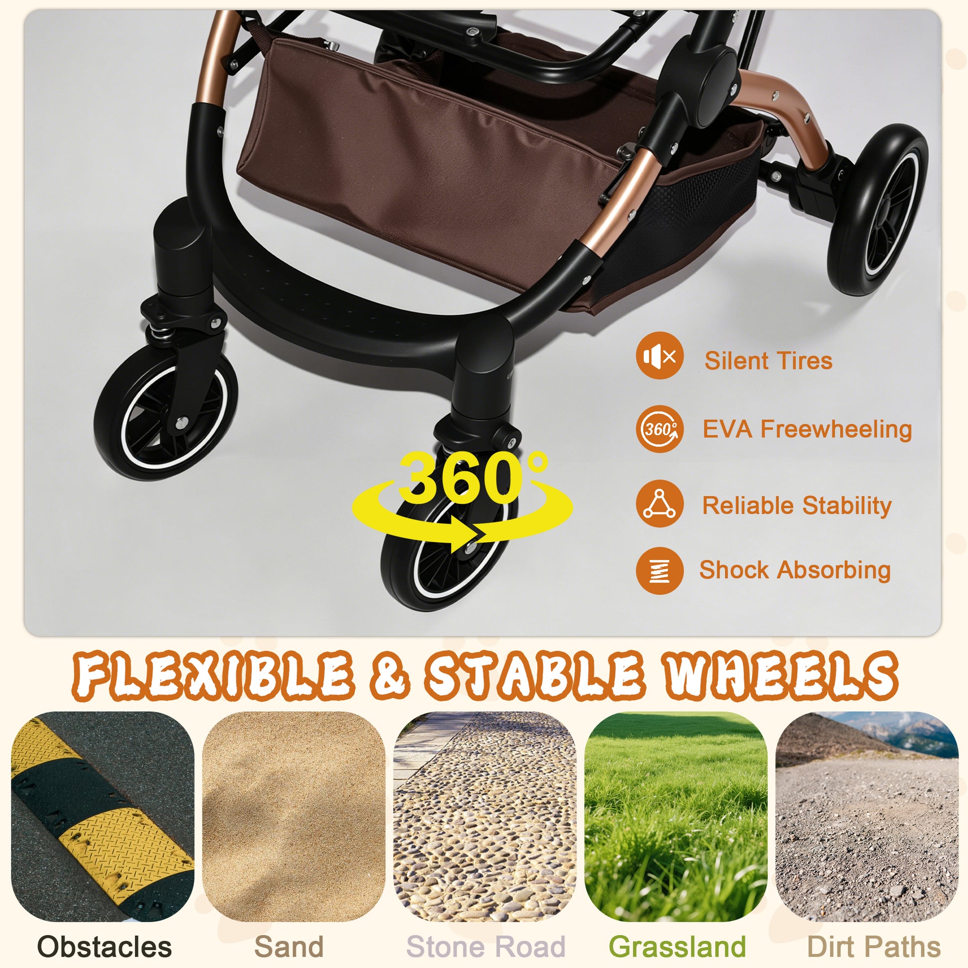 Pet Stroller for Dogs and Cats, 2-in-1 Detachable Foldable 4 Wheels Pet Stroller, Quick One-Hand Fold, Storage Basket, Detachable Carry Basket with Sun Canopy(Khaki++Gold) image 9