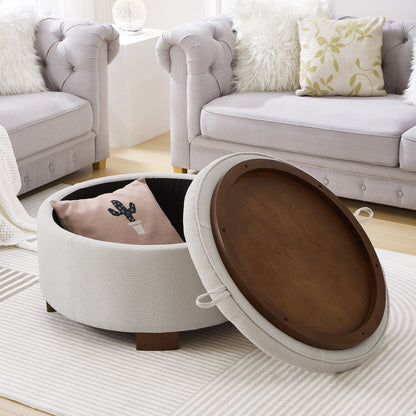 Round Storage Ottoman with Reversible Lid - Boucle Fabric Upholstered Footstool, Hidden Storage Compartment, Wooden Legs, Dual-Purpose Seat & Side Table for Living Room, Bedroom - BEIGE image 3
