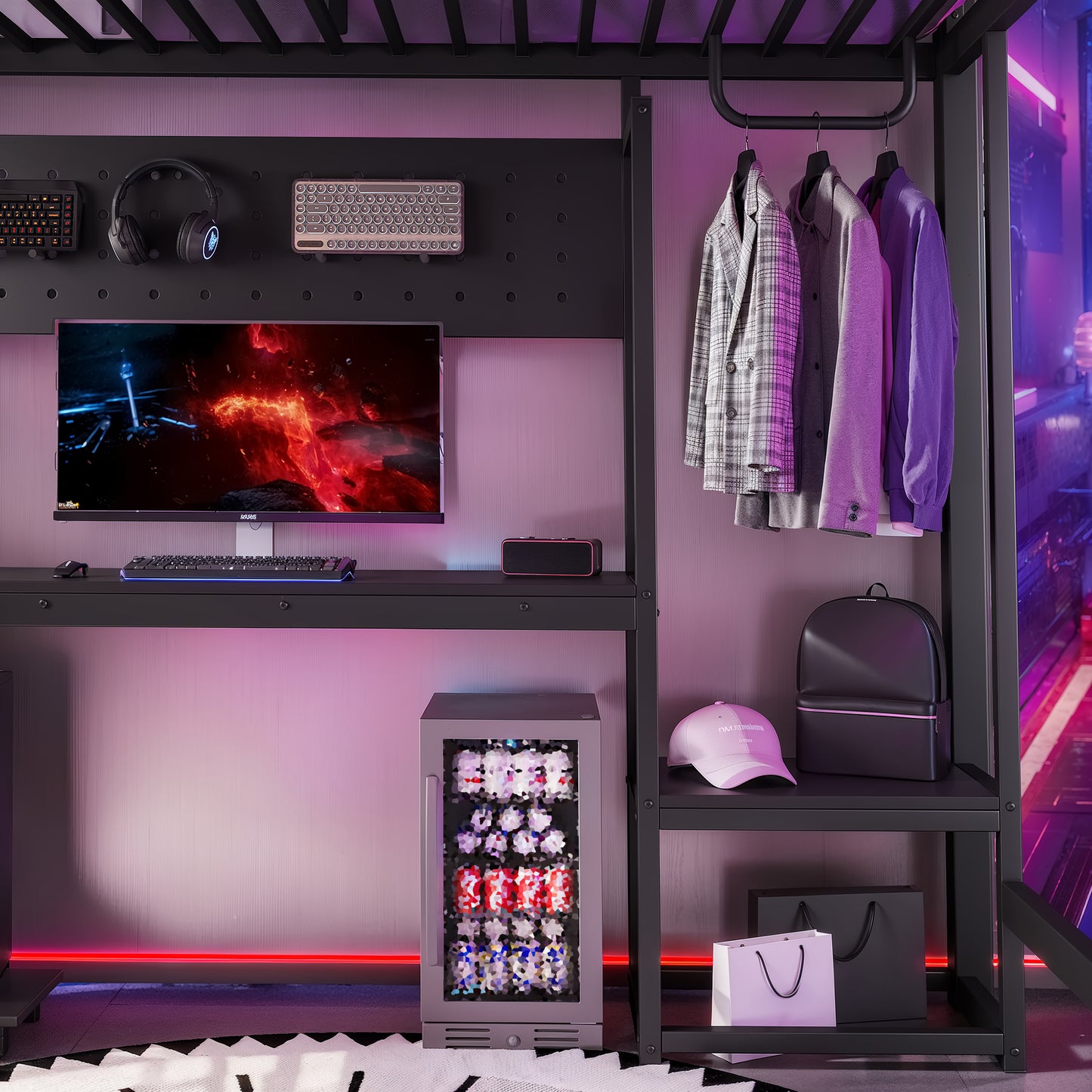 Full Loft Bed with L-shaped Desk and USB Ports, Metal Loft Bed with Computer Tray, Peg Board, and Gaming Style Z-shaped Lights, Black image 6