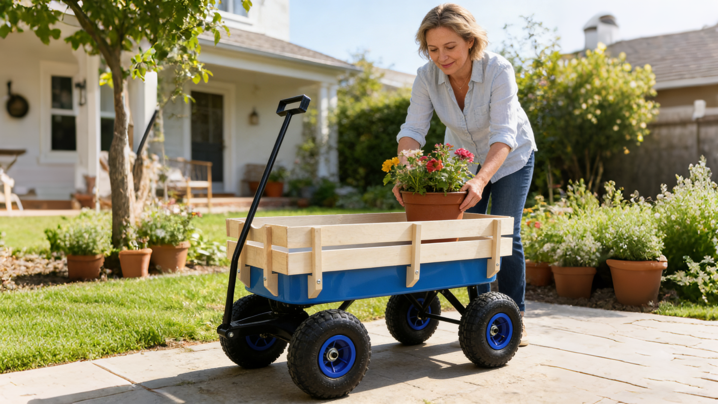 Outdoor Wagon All Terrain Pulling Wood Railing Air Tires Garden Cart image 2