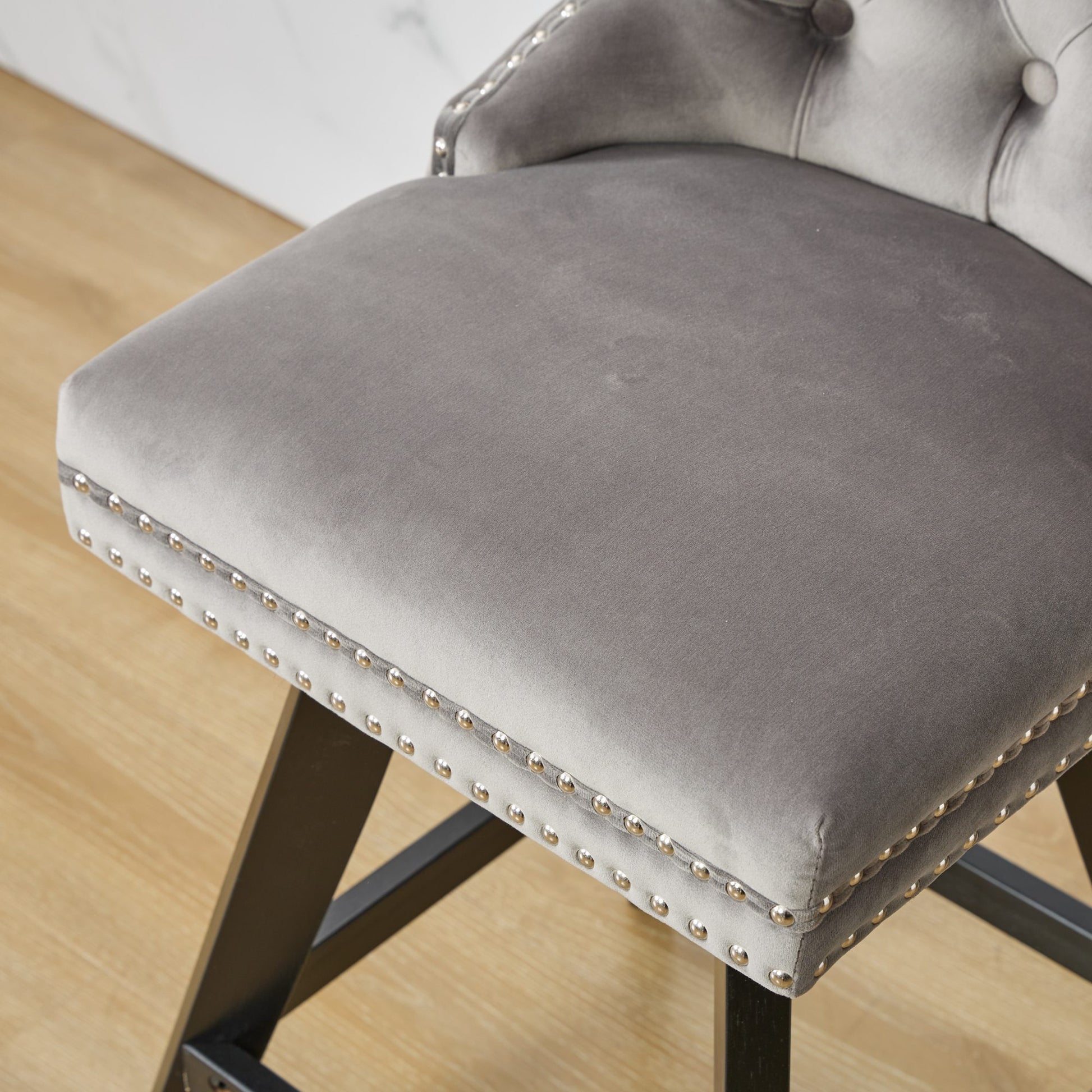 Swivel Velvet Barstools with Button Tufted Decoration and Wooden Legs, and Chrome Nailhead Trim, Leisure Style Bar Chairs,Bar stools, Set of 2 (Gray),SW1860GY image 11