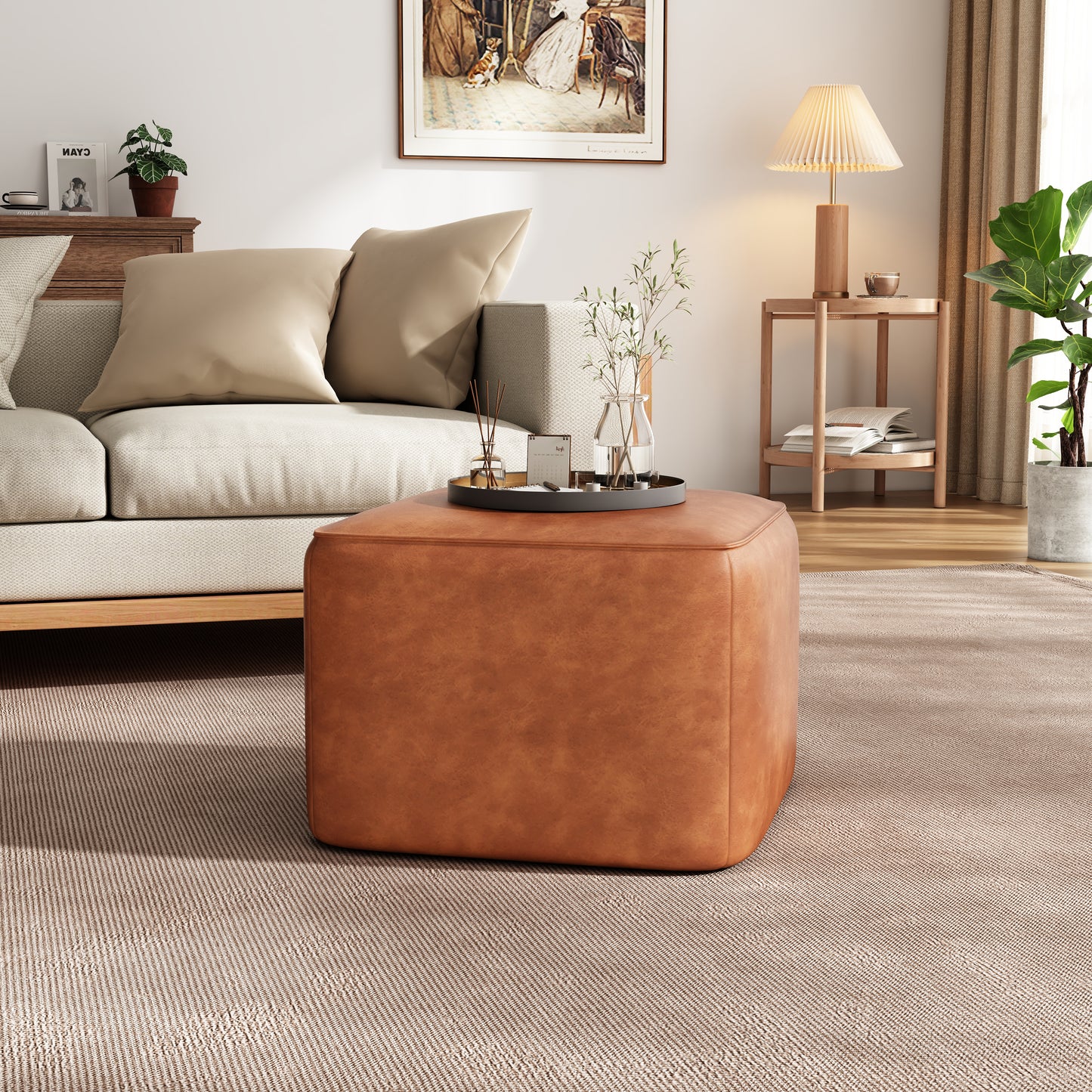 Upholstered Square PU Leather Ottoman,Tan (old sku N757P294261O) image 2