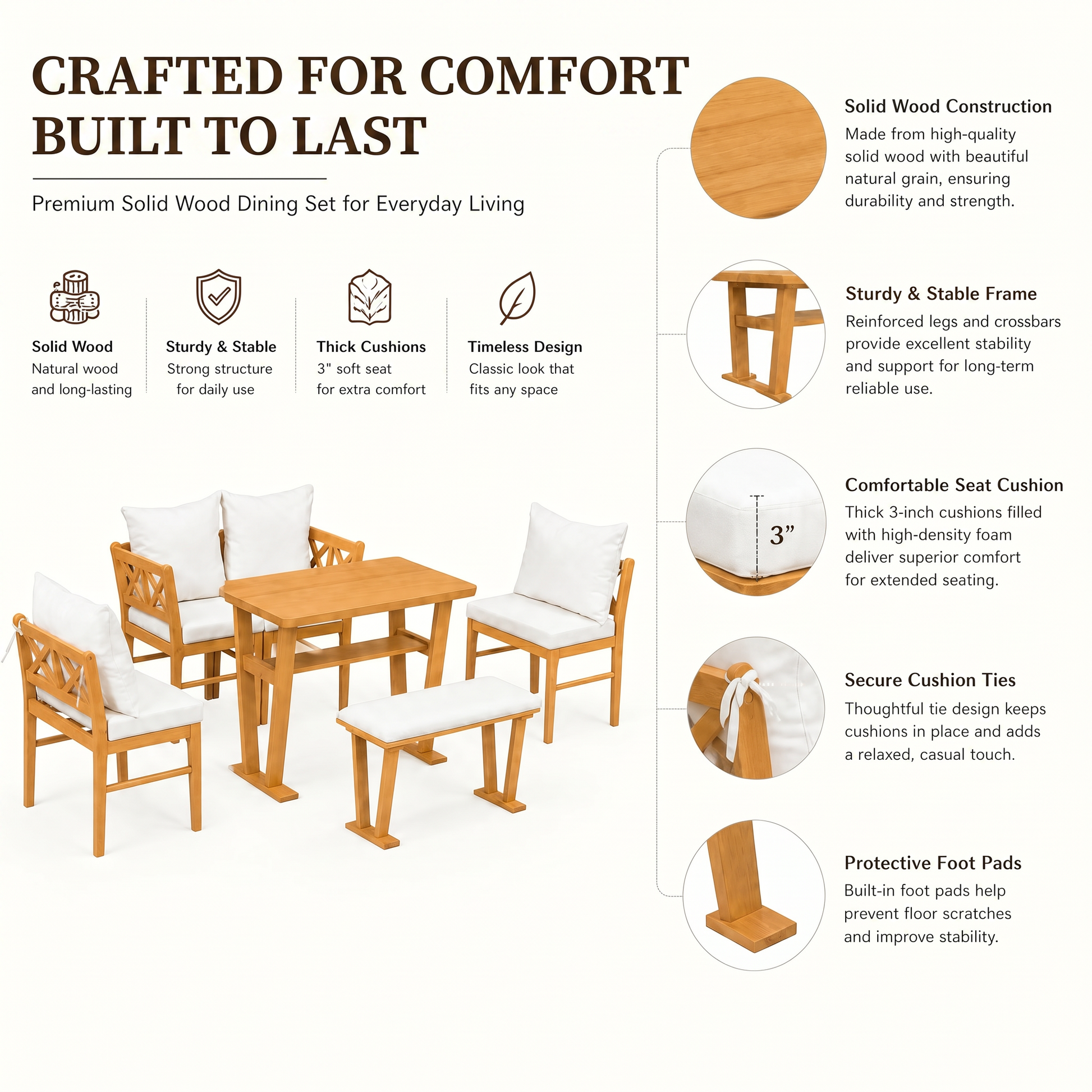 Small Farmhouse Solid Wood Kitchen Nook Dining Room Breakfast Nook Table Set for 6, Space Saving High Top Corner Dining Table with Bench and Chairs (6 Piece) image 5
