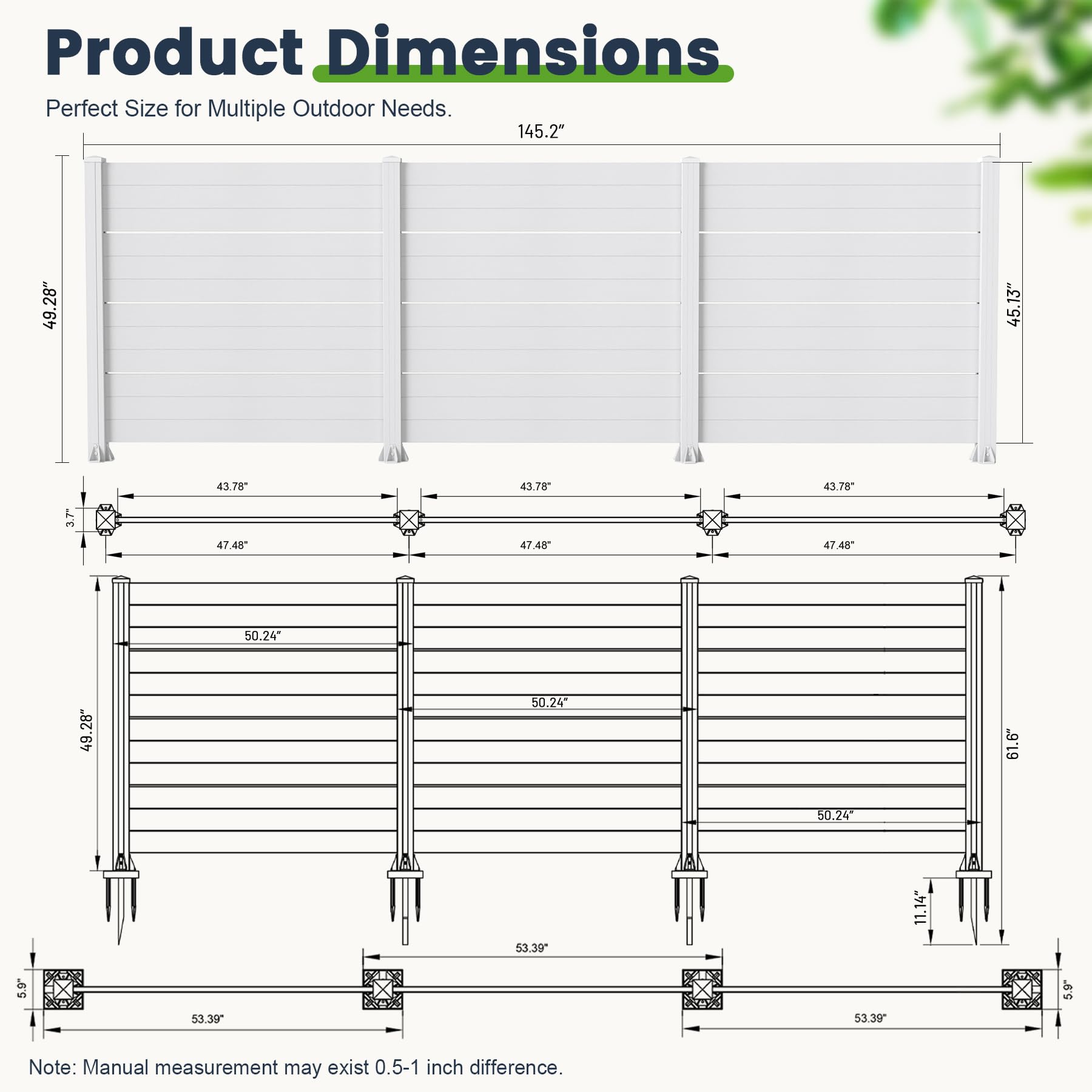 50" W x 49" H Outdoor Privacy Screen, Air Conditioner Fence, All-Weather Vinyl Privacy Fence Screens with Aluminum Posts, 3 Panels, White image 2