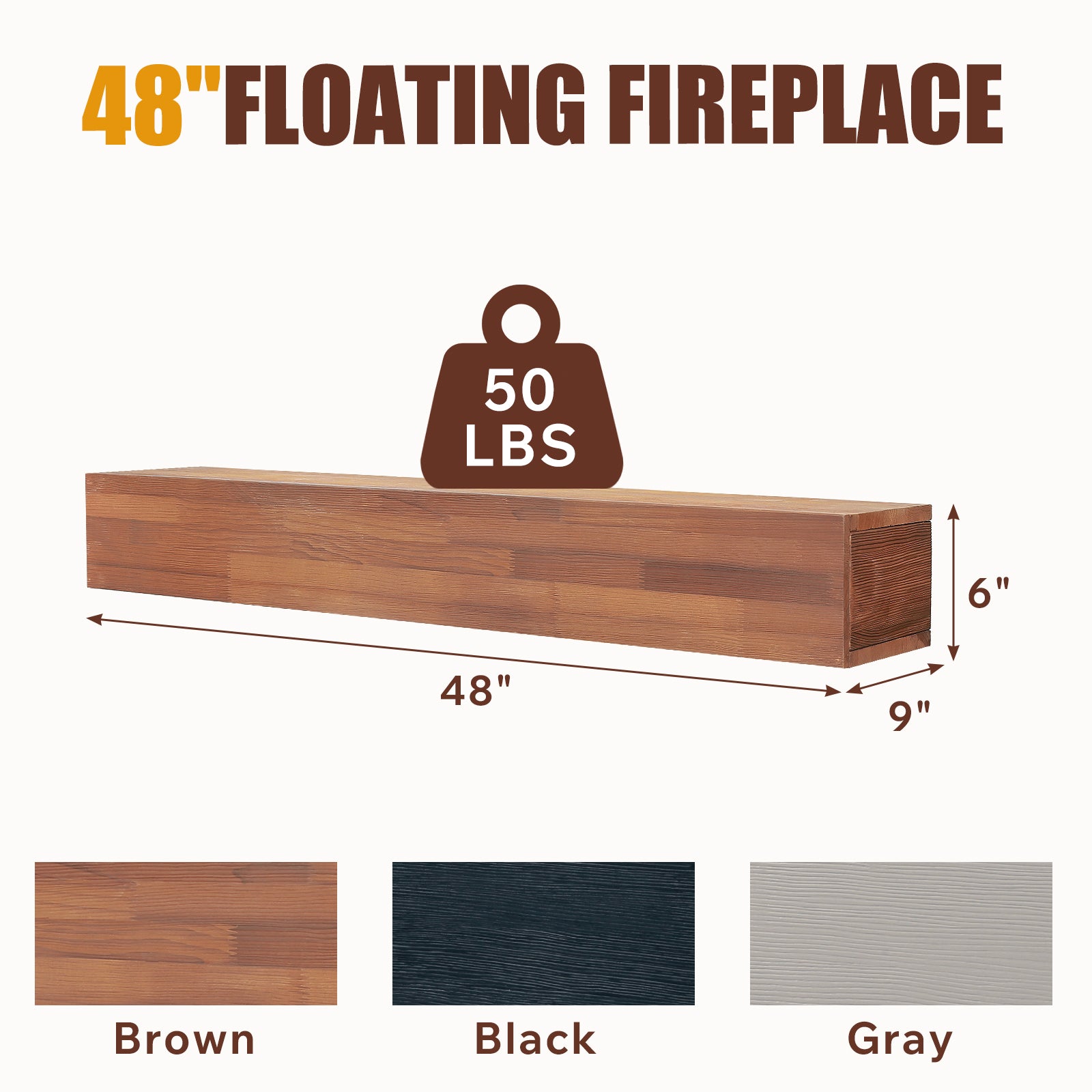 48" Rustic Wood Fireplace Mantel, Wall-Mounted & Floating Shelf for Home Decor image 12