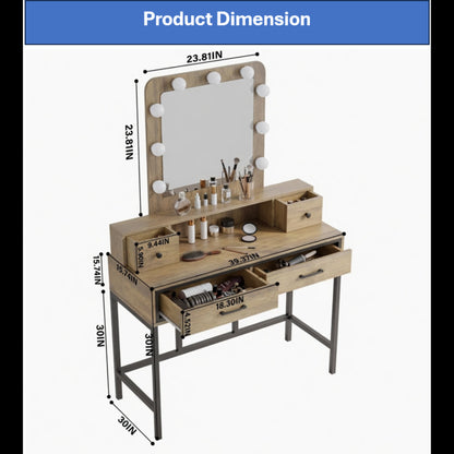 39.37" Brown Vanity Desk with 3-Color Lighted Mirror - Makeup Table with 4 Drawers image 5