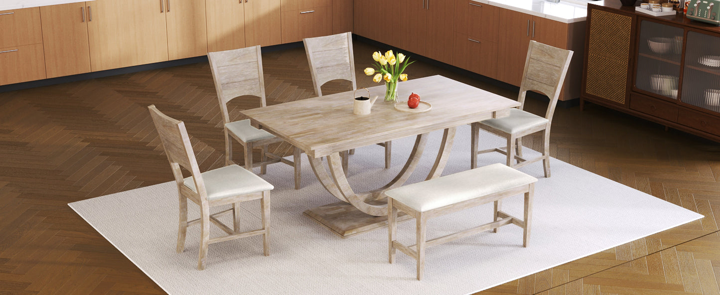 TOPMAX 6-Piece Wood Half Round Dining Table Set Kitchen Table Set with Long Bench and 4 Dining Chairs, Modern Style, Seadrift image 3