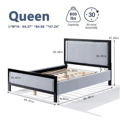 Queen Upholstered Bed with Fluffy Soft Headboard,Grey+Black Frame image 3