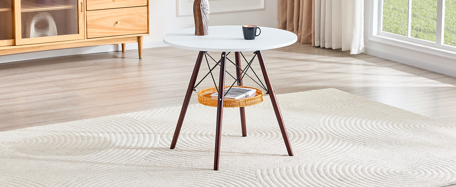 31.5-inch diameter circular dining table, white MDF vacuum formed tabletop, walnut solid wood legs, with suspended woven storage basket structure. A casual coffee table suitable for 2-4 people. image 9