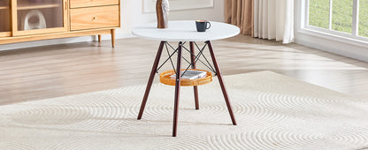 31.5-inch diameter circular dining table, white MDF vacuum formed tabletop, walnut solid wood legs, with suspended woven storage basket structure. A casual coffee table suitable for 2-4 people. image 9
