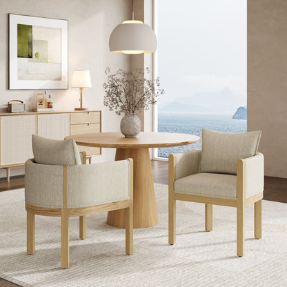 Linen Upholstered Armchair with Natural Rubber Wood Legs in Beige (Set of 2) image 1