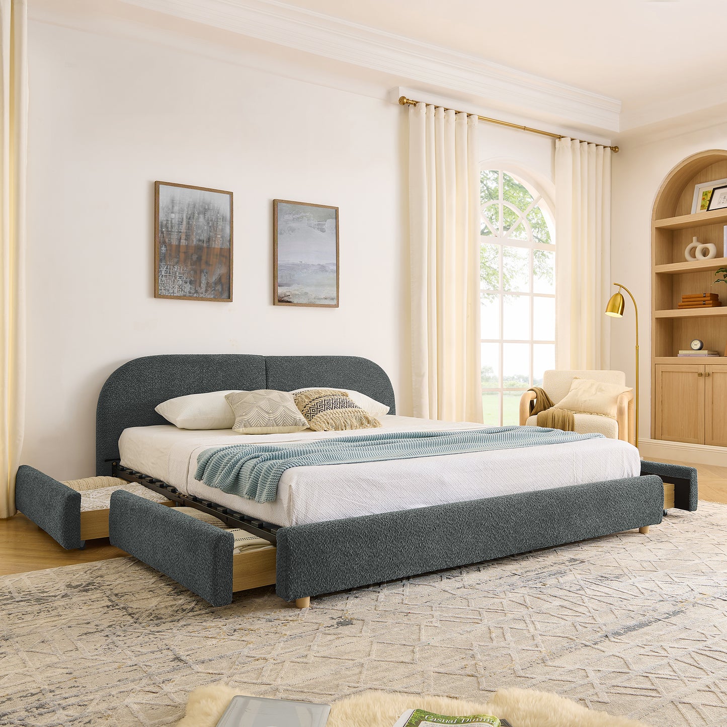 King Size Upholstered Bed Frame Modern Minimalist Style - Circle Yarn Fabric, Tall Curved Headboard, Sturdy Leg Support & Wheeled Drawer Storage, Mattress Not Included - Dark Gray image 1