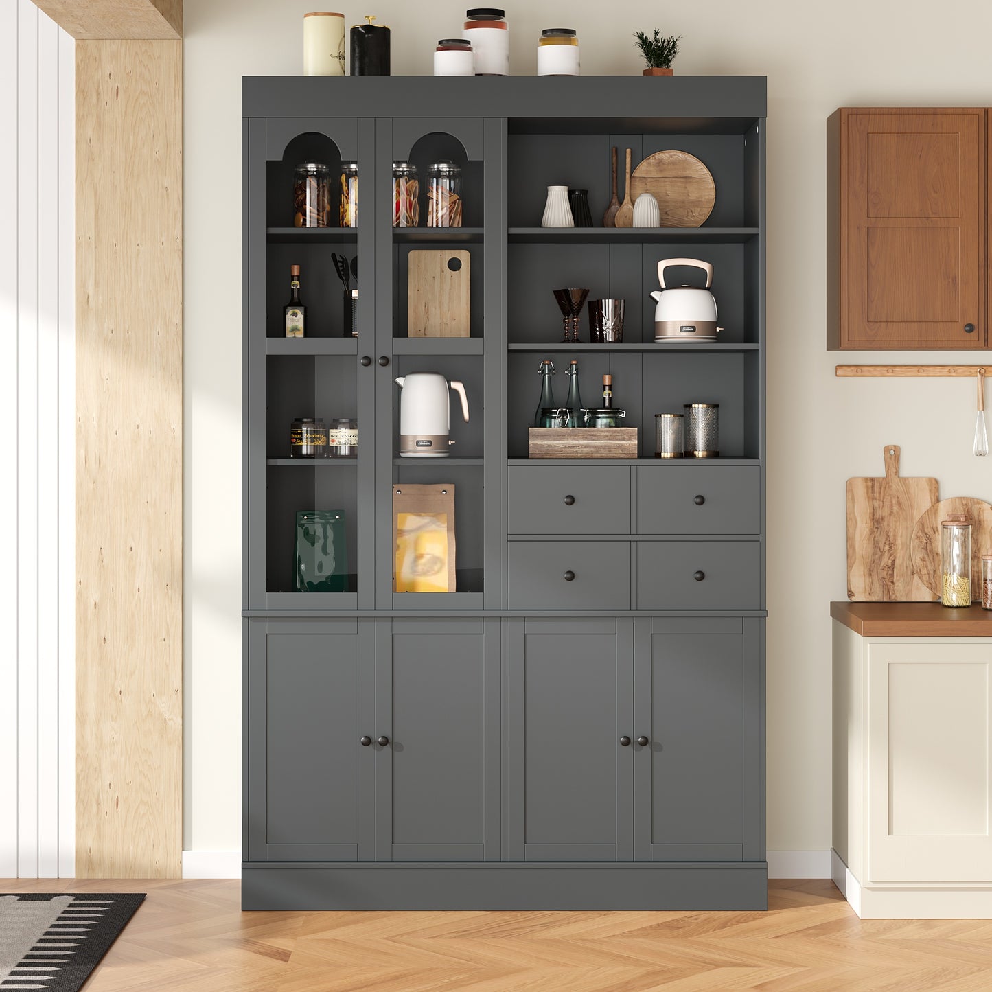 [Assembly Video Provided] TOPMAX 47.2x15.7x75inch Freestanding Buffet with Hutch, Tall Kitchen Pantry Cabinet with 4 Drawers, Door Shelves and Pull-out Trays for Dining room, Living Room, Gray image 6