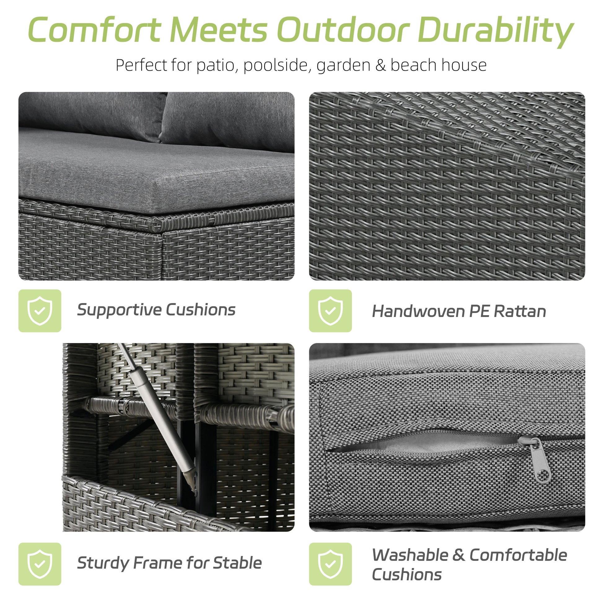TOMAX 5-Piece Outdoor Patio Rattan Sofa Set, Sectional PE Wicker L-Shaped Garden Furniture Set with 2 Extendable Side Tables, Dining Table and Washable Covers for Backyard, Poolside, Indoor, Grey image 5