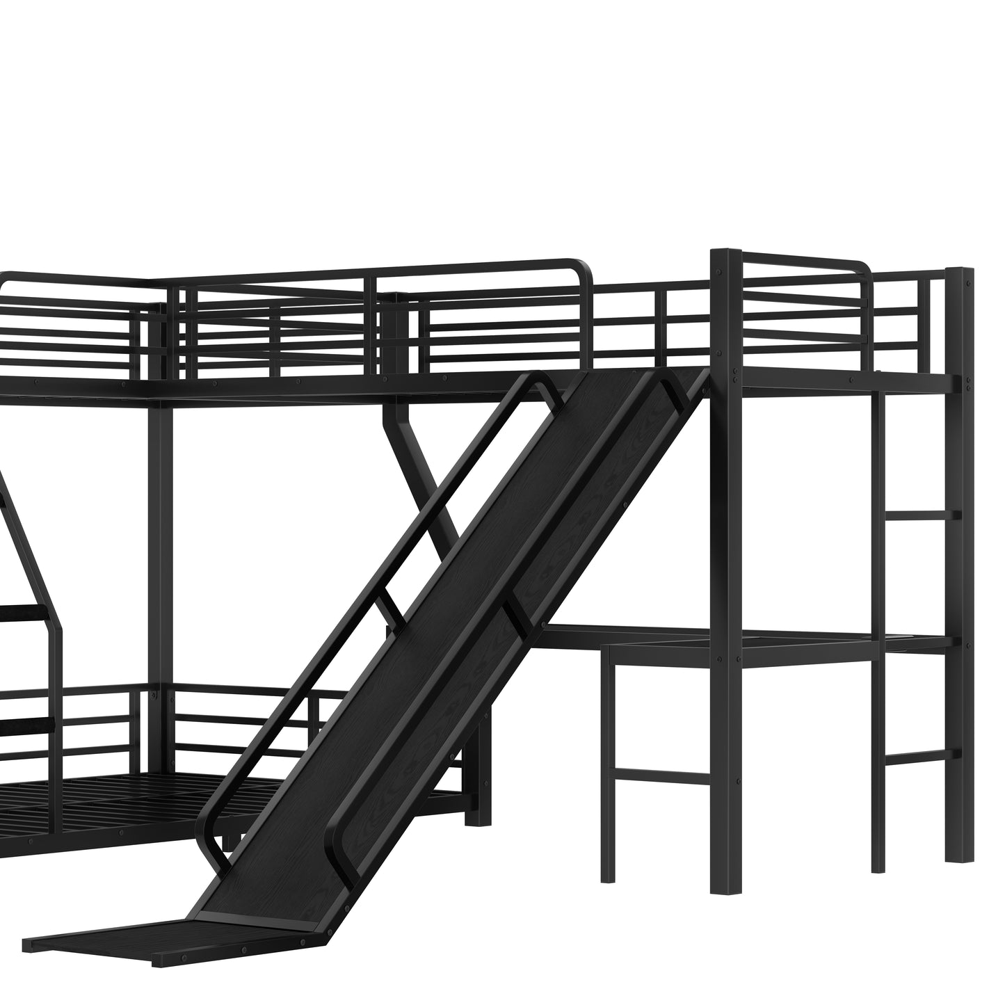 L-Shaped Twin over Full Bunk Bed with Twin Size Loft Bed, Metal Triple Bunk Bed with Slide and USB Ports, Space-saving and Noise-free Design, Black image 10