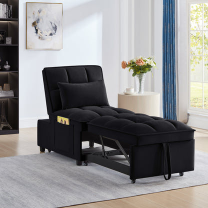 4 in1 Multi-Function Single Sofa Bed with Storage Pockets,Tufted Single Pull-out Sofa Bed with Adjustable Backrest and Pillows,Convertible Chaise Lounge,Black image 1