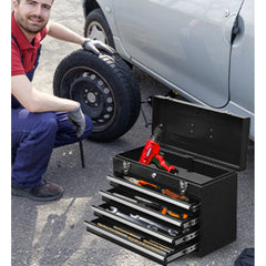 Metal Tool Box with 4 Drawers Portable Steel Tool Chest with Metal Cylinder Lock and Latch Closure, Liner, Powder coating, suitable for Garage, Warehouse and Outdoor Repair job-Black