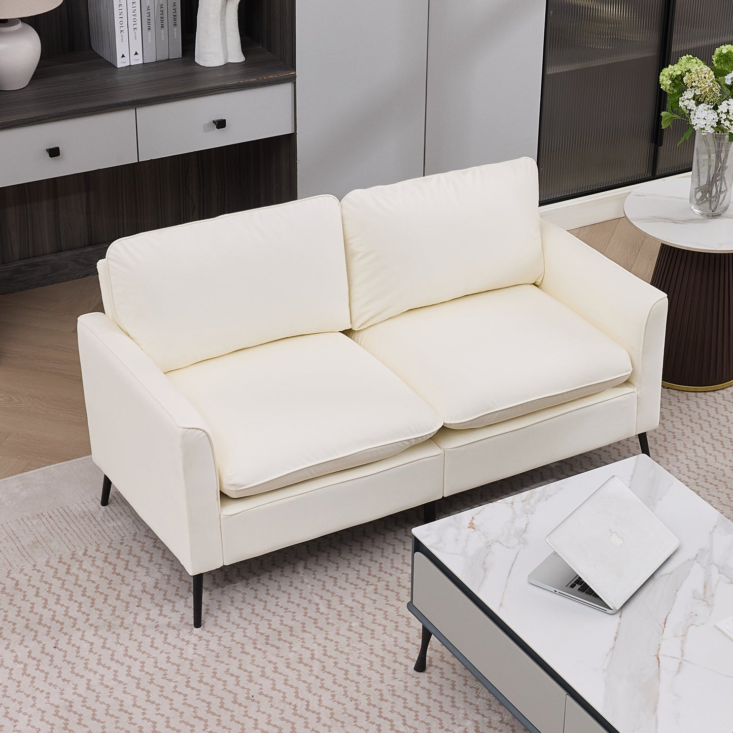 TS Cat paw leather upholstered sofa loveseat,Nordic retro light luxury living room balcony bedroom single casual sofa chair Double sofa + two pack combination(Cream White) image 3