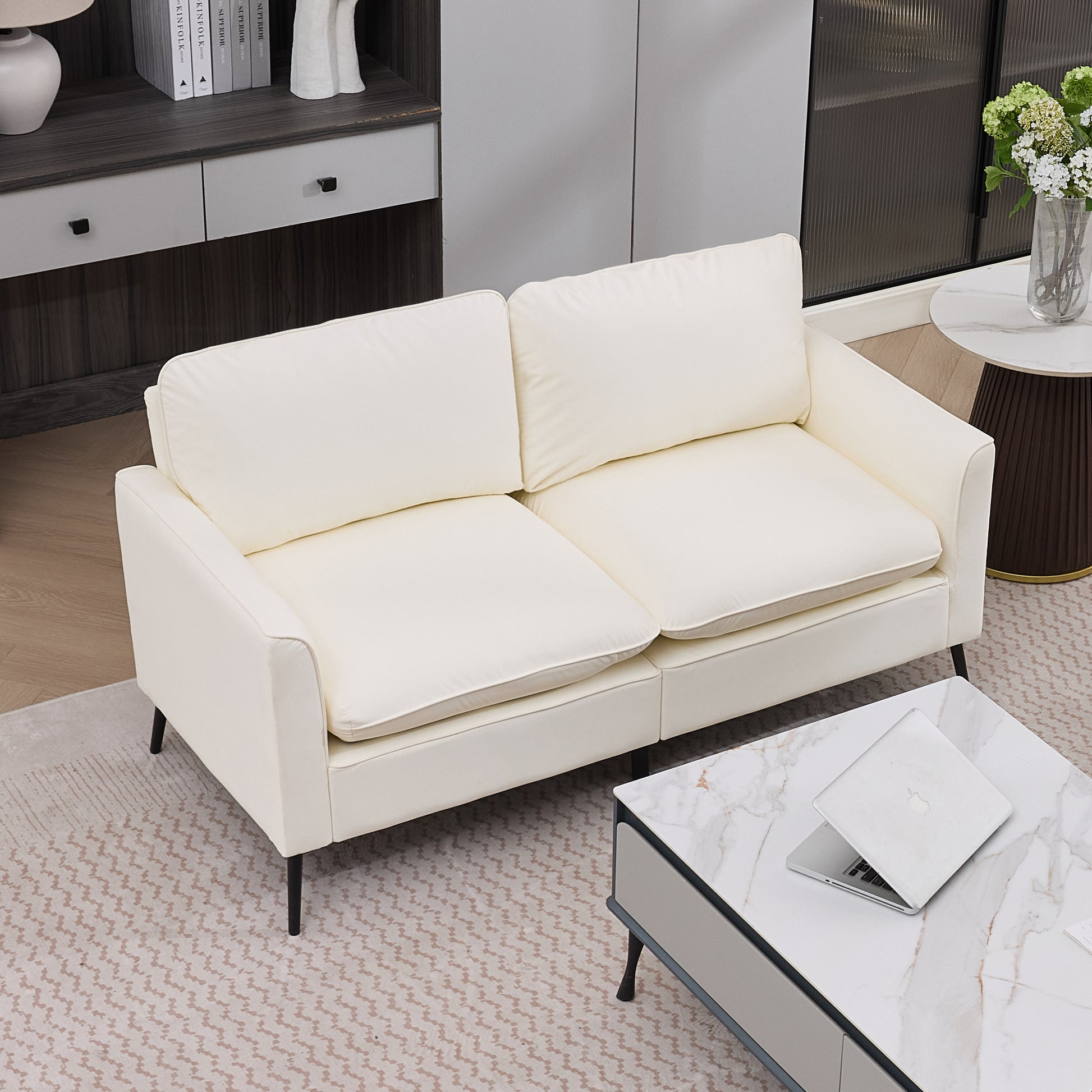TS Cat paw leather upholstered sofa loveseat,Nordic retro light luxury living room balcony bedroom single casual sofa chair Double sofa + two pack combination(Cream White) image 3