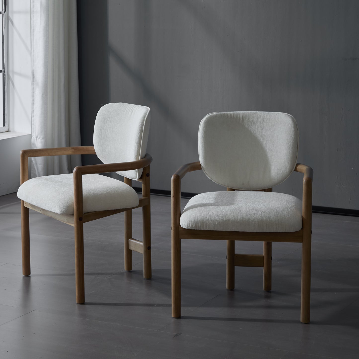 Dining Chairs Set of 2 Upholstered Arm Chairs, Rubber Wood Accent Chairs White Fabric Seating, 300 LBS Weight Capacity image 2