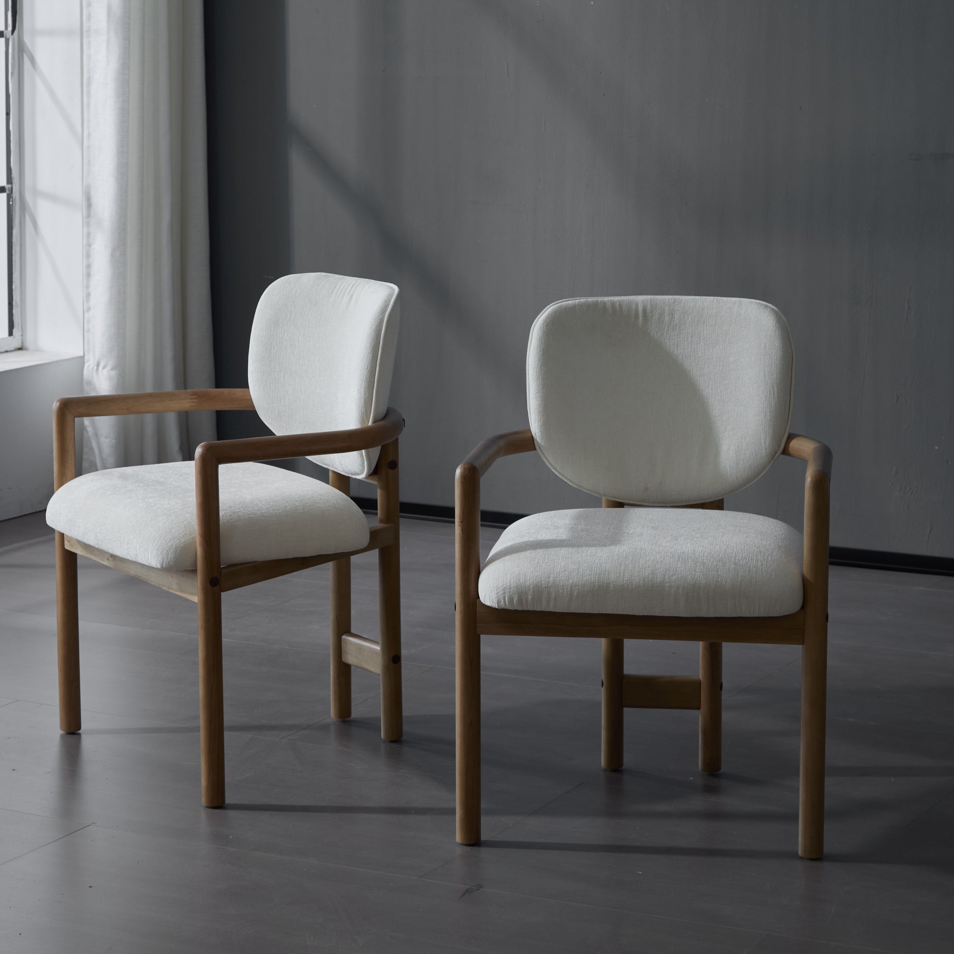 Dining Chairs Set of 2 Upholstered Arm Chairs, Rubber Wood Accent Chairs White Fabric Seating, 300 LBS Weight Capacity image 2