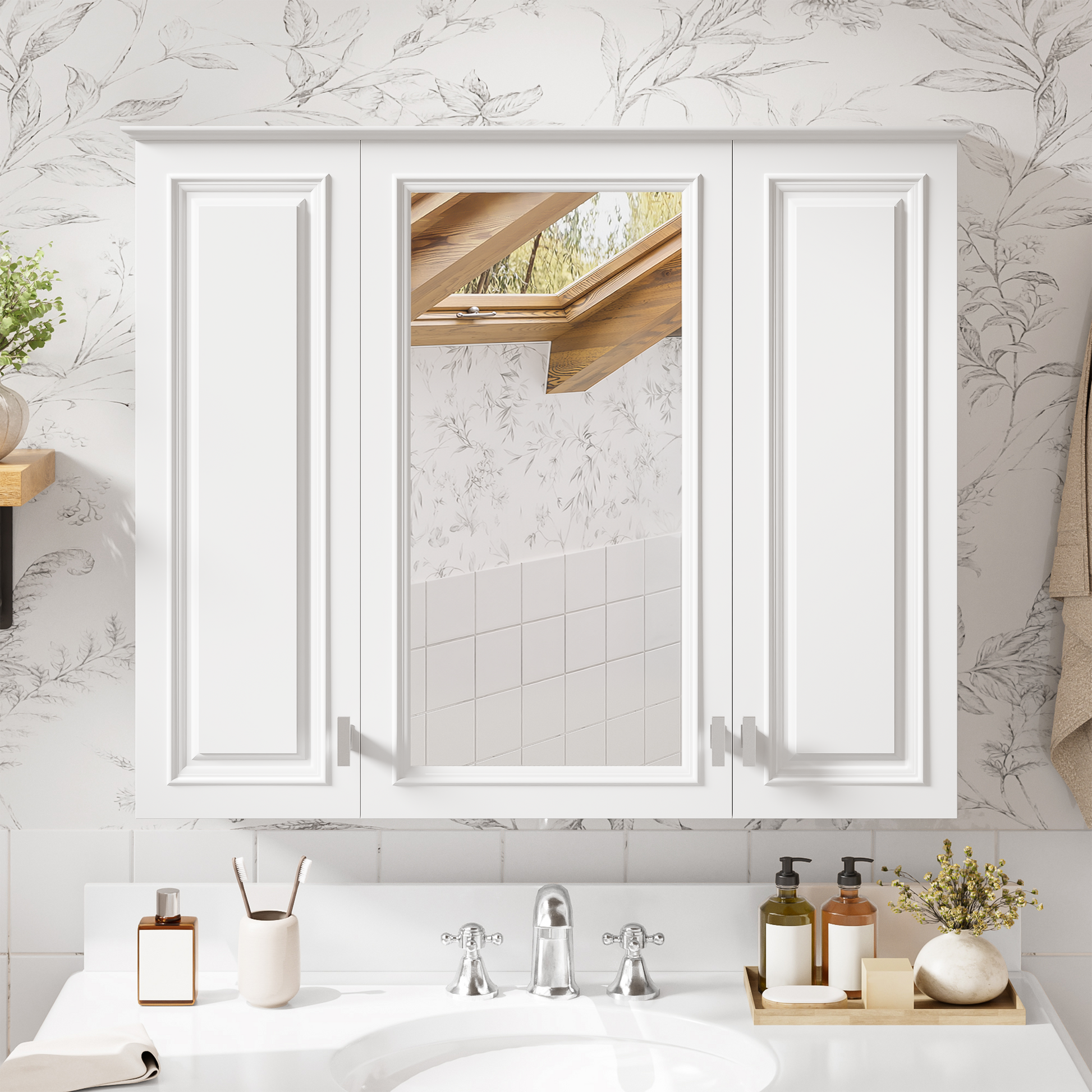 35 inch 2-in-1 Bathroom Wall Cabinet, Wall Mounted Medicine Cabinet with 5 Adjustable Shelves, Mirrored Door Over Toilet Storage Cabinet, White image 3