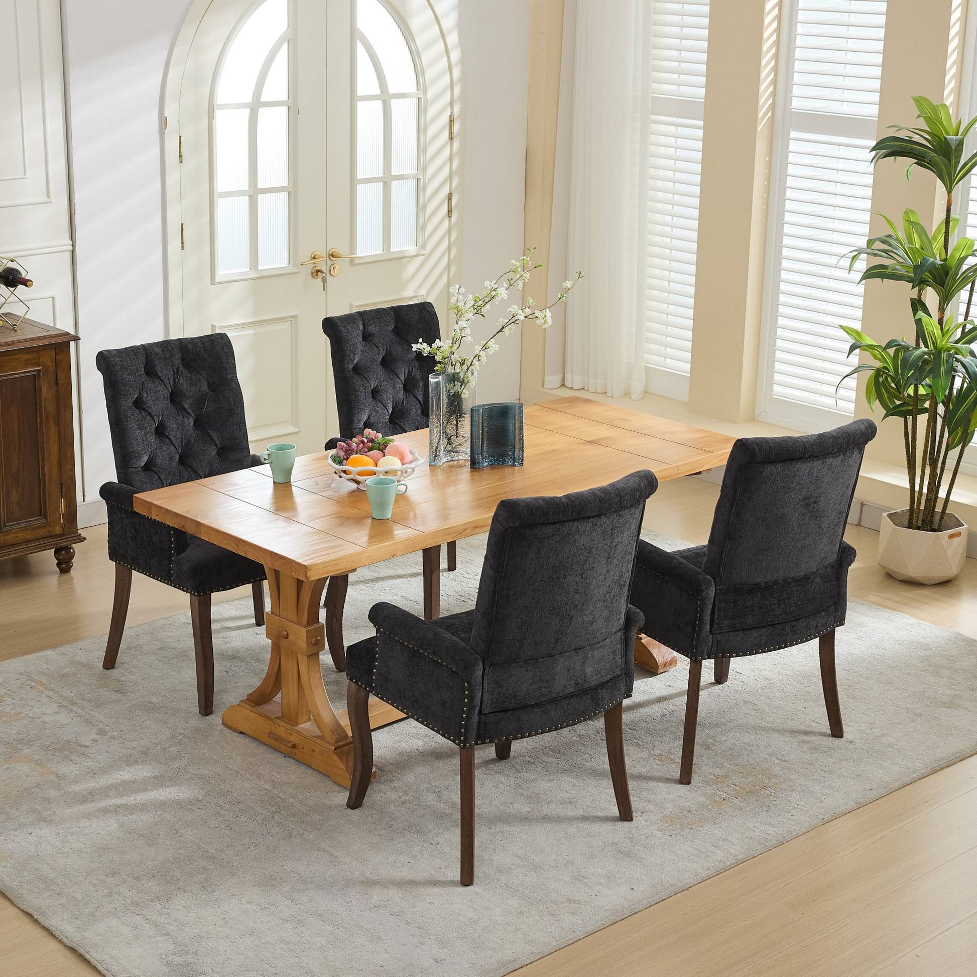 Upholstered Chenille Fabric Accent Dining Chair, Curved Solid Wood Legs, Elegant Tufted Club Dining Room Kitchen Room Arm Dining Chair, Single Pack,Black,SW1895BK image 11