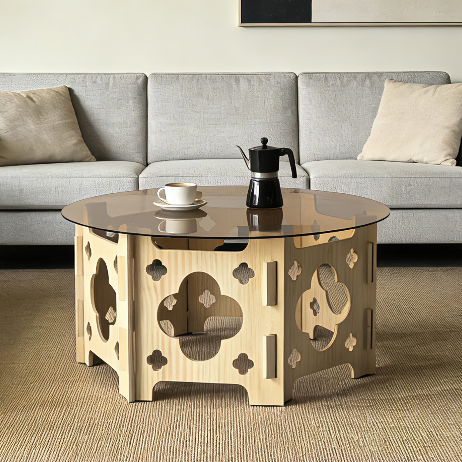 31.1'' Round Tempered Glass Coffee Table, Caramel Tabletop with Floral Hollow Wood Base, Farmhouse Center Tea Table for for Living Room, Small Spaces, Office, Easy Assembly. Natural+Caramel. image 2