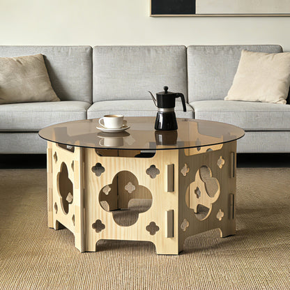 31.1'' Round Tempered Glass Coffee Table, Caramel Tabletop with Floral Hollow Wood Base, Farmhouse Center Tea Table for for Living Room, Small Spaces, Office, Easy Assembly. Natural+Caramel. image 2