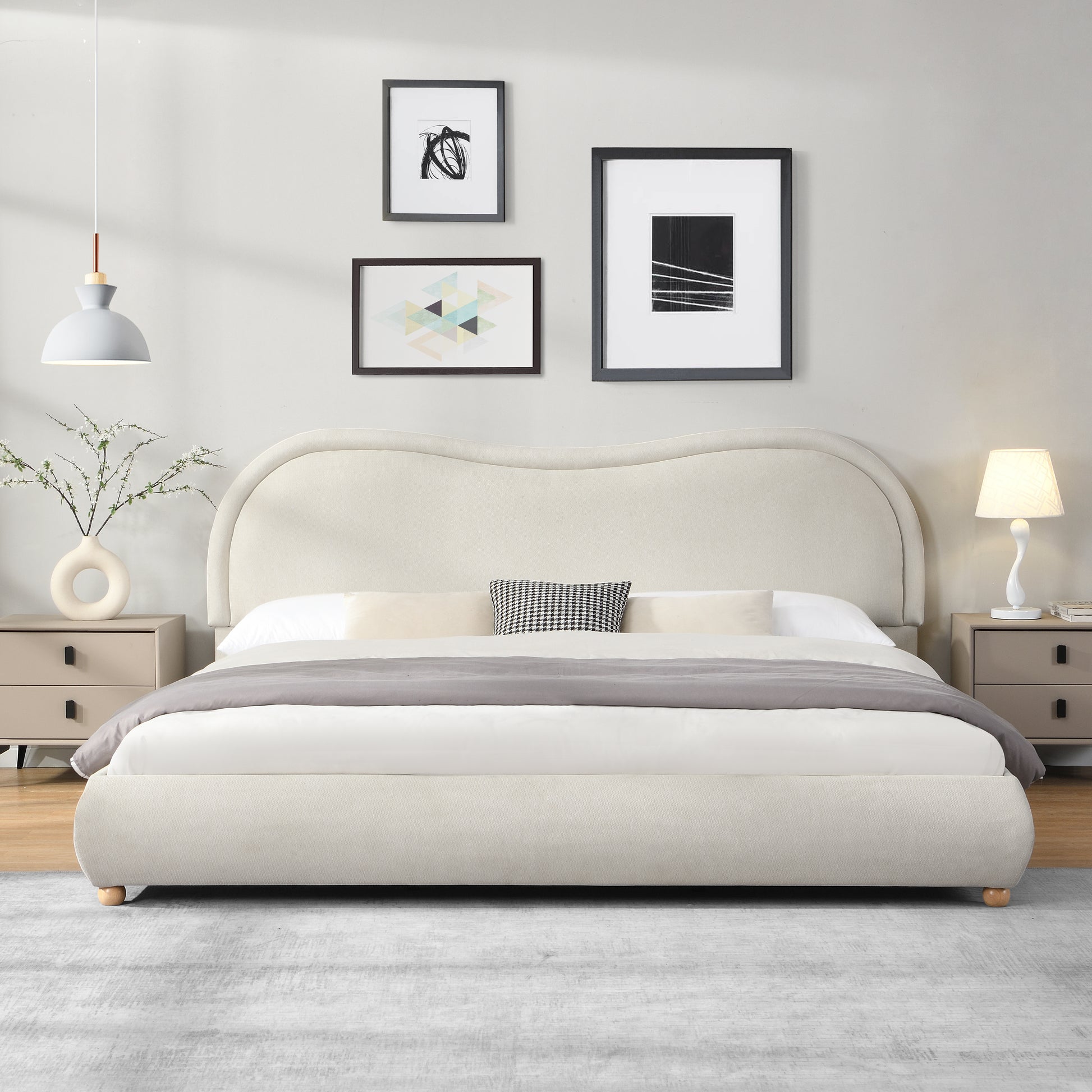 King Size Upholstered Platform Bed Frame with Rounded Corners curved headboard, Wooden Slats, Oak Solid Wood Legs, chenille fabric, No Box Spring Needed, Easy Assembly, Beige image 1