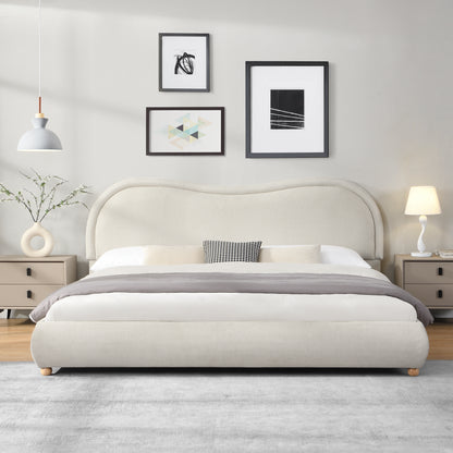 King Size Upholstered Platform Bed Frame with Rounded Corners curved headboard, Wooden Slats, Oak Solid Wood Legs, chenille fabric, No Box Spring Needed, Easy Assembly, Beige image 1