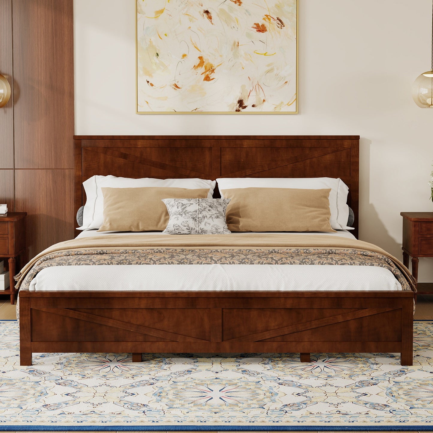 Farmhouse Style King Size Bed with Barn Door Designed Headboard and Footboard, Pinewood Bed with Strengthened Bed Frame,Walnut image 1
