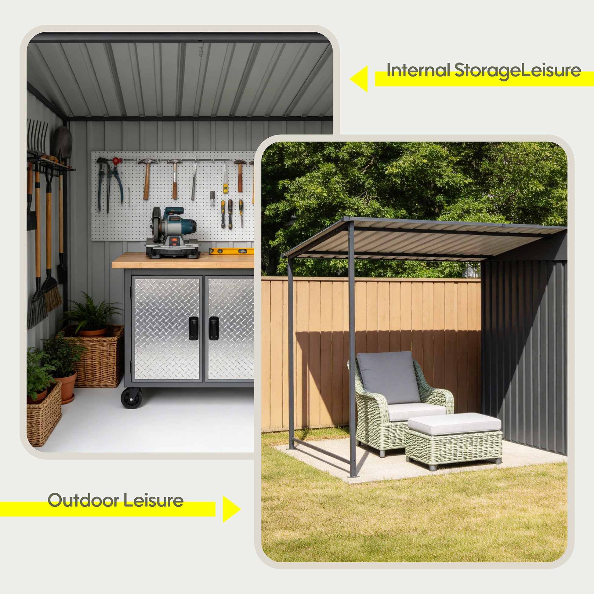 12x4 FT Metal Lean-To Shed with Pergola, 6x4 FT Outdoor Storage Shed & Hardtop Gazebo Combo, 2-in-1 Garden Tool Shed with Open Side for Patio, Backyard, Deck image 5