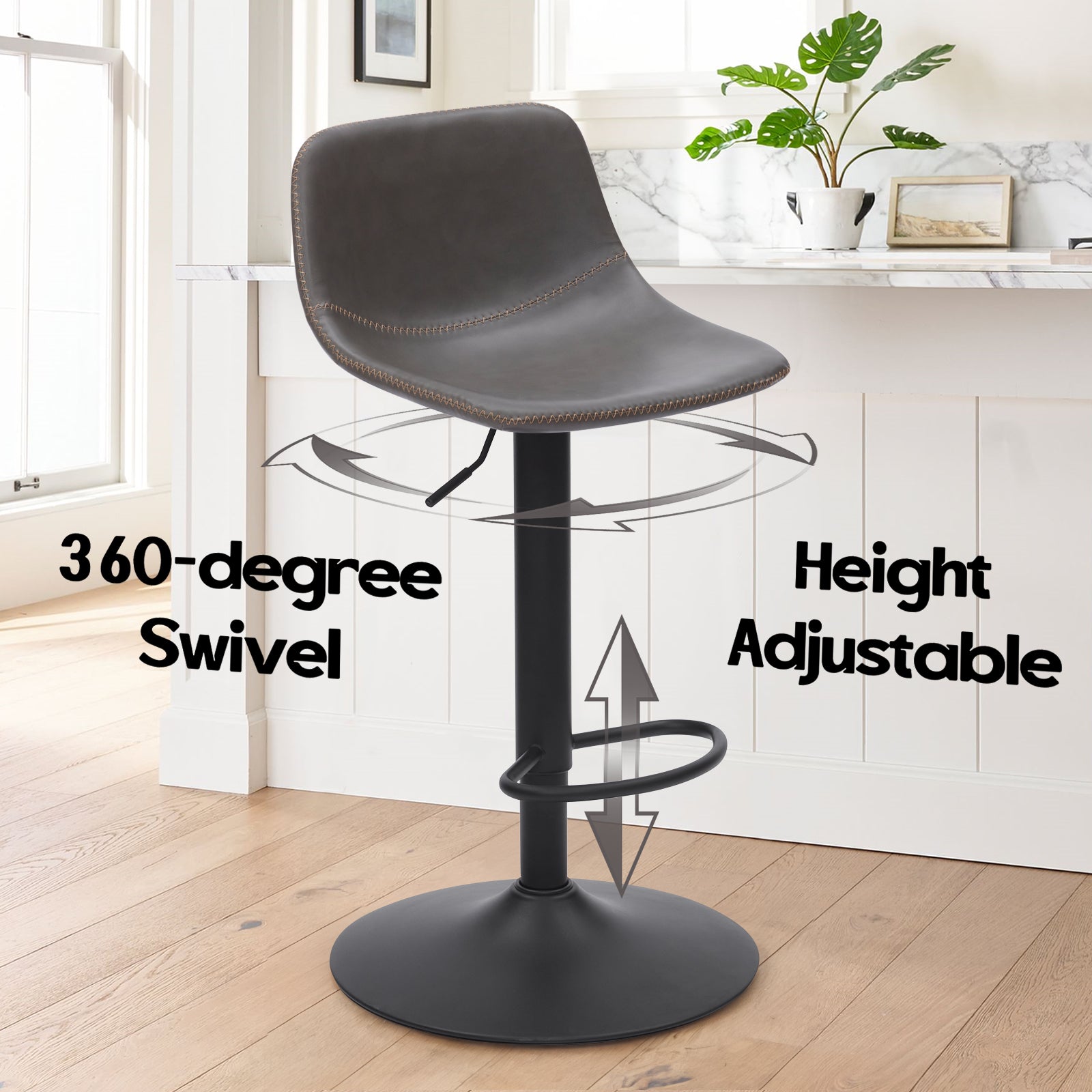 Adjustable Bar Stools Set of 2, Mid Century Modern Swivel Bar Stools, Industrial Bar Height Stools With Back Support Counter Height Bar Chairs Pu Leather Bar Stool for Kitchen Island Rustic Barstools image 8