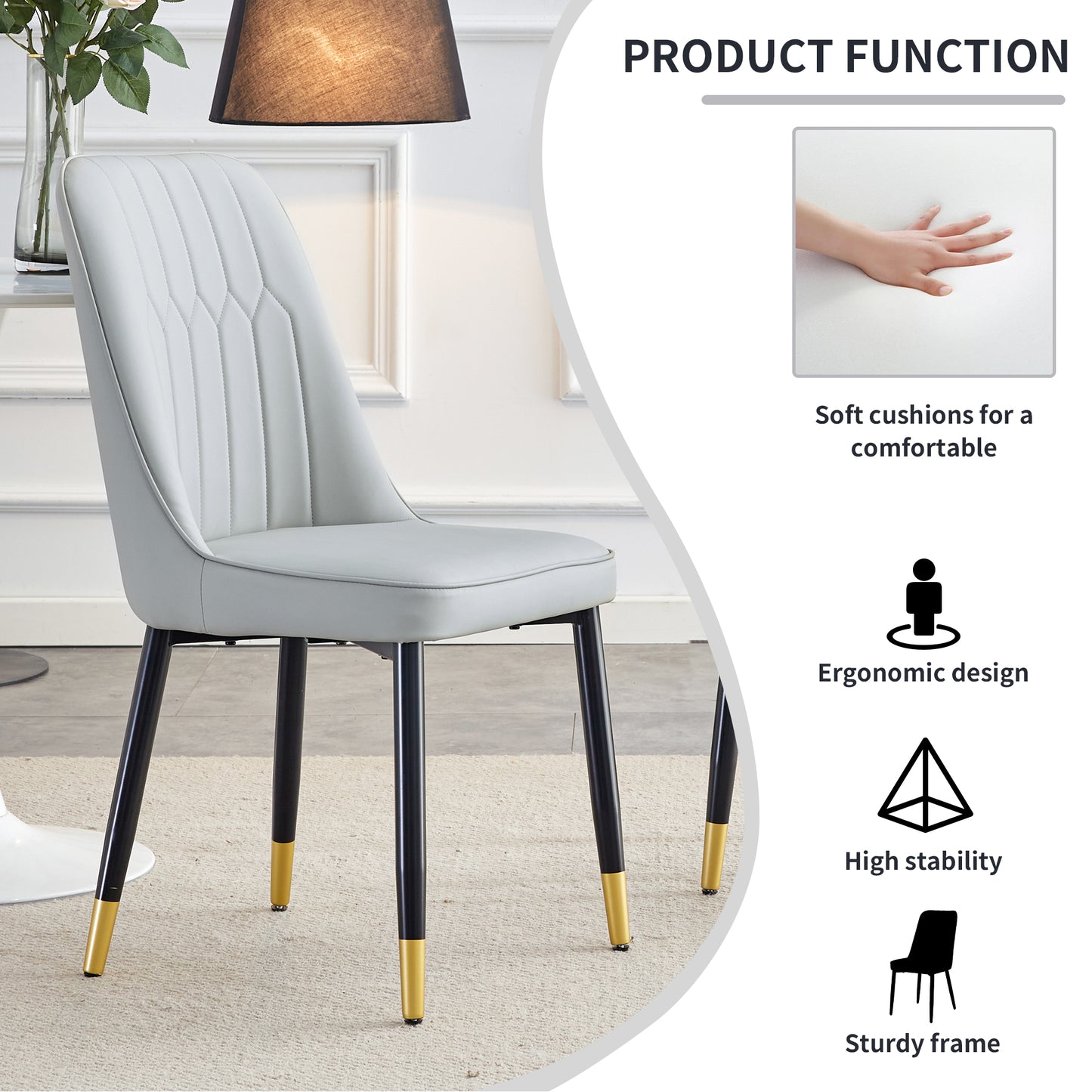 Light gray dining chairs and living room chairs. PU material and metal legs, suitable for kitchen, living room, and dining room, 2 piece set (light gray+PU)C-007 image 8