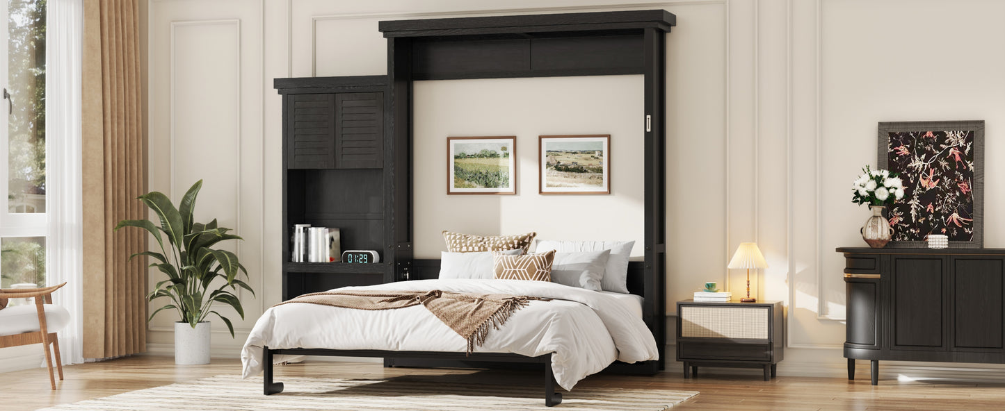 Queen Size Murphy Bed with Multiple Storage Shelves and Louvered Style Decoration,Black image 7