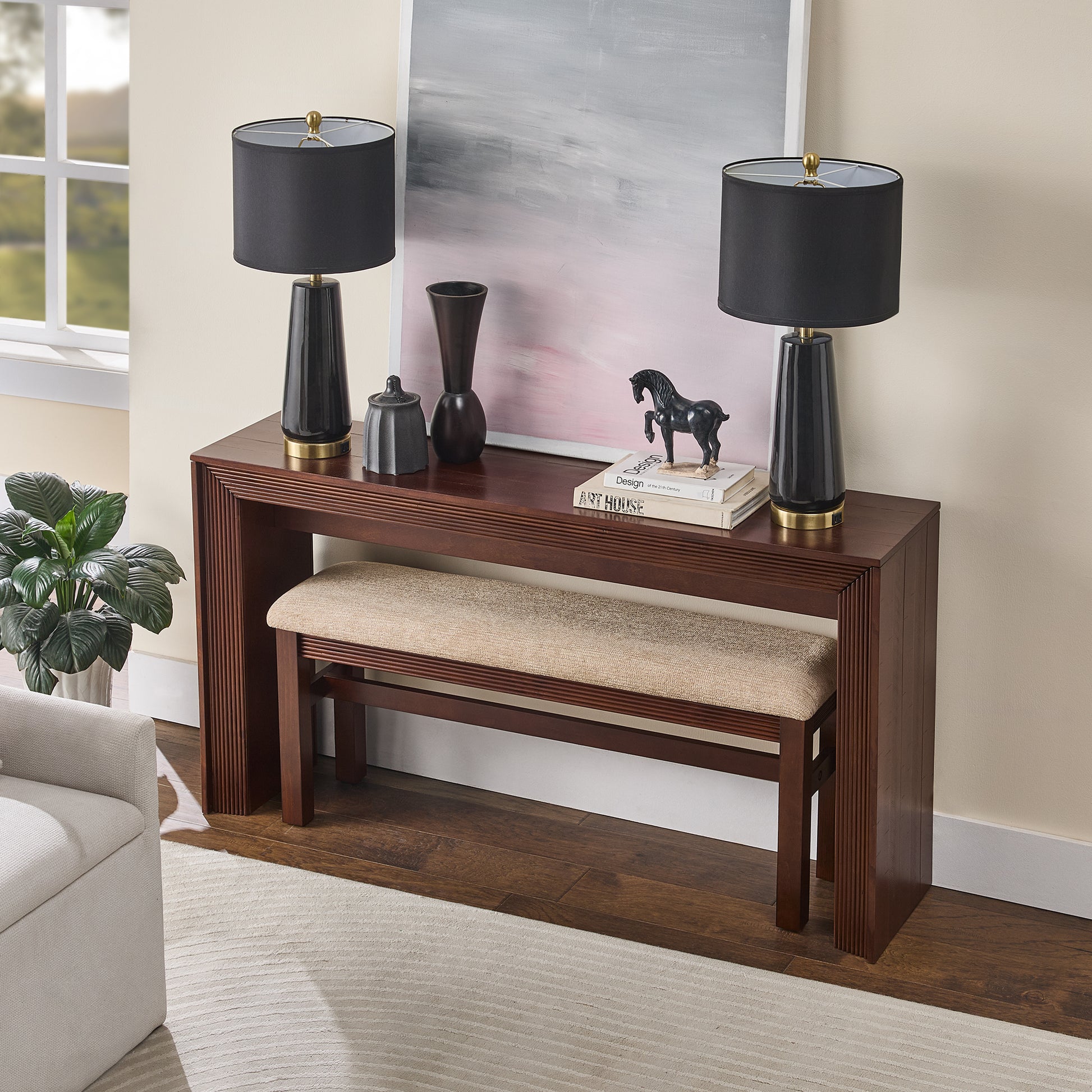 Fluted Counter Height Bar Table Set for 2, Dining Table with Fabric Upholstered Bar Stool with Solid Wood Legs, Dining Table Behind Couch for Breakfast-Walnut image 2