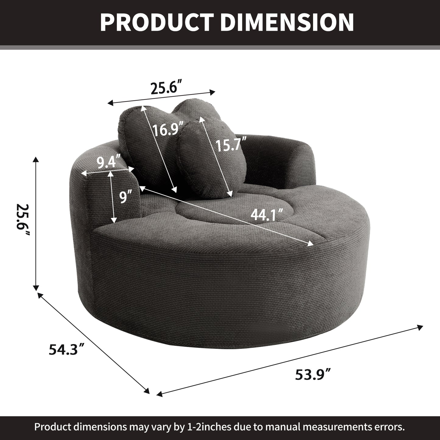 Round Sofa Bed with Memory Foam Sectional Couches for Living Room, Cloud Couch with three pillows, Black+gray image 7