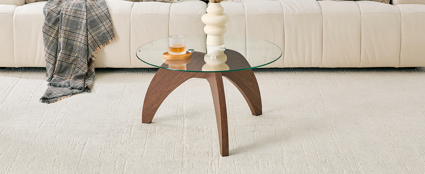 Creative claw-style triangular-leg round coffee table, approximately 27.5 inches in diameter, featuring a clear tempered glass top and walnut-colored MDF. Perfect as a living room coffee table,etc. image 11