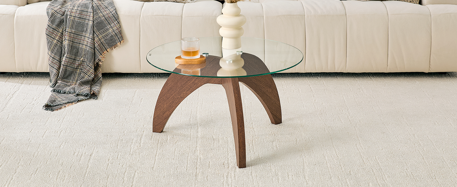 Creative claw-style triangular-leg round coffee table, approximately 27.5 inches in diameter, featuring a clear tempered glass top and walnut-colored MDF. Perfect as a living room coffee table,etc. image 11