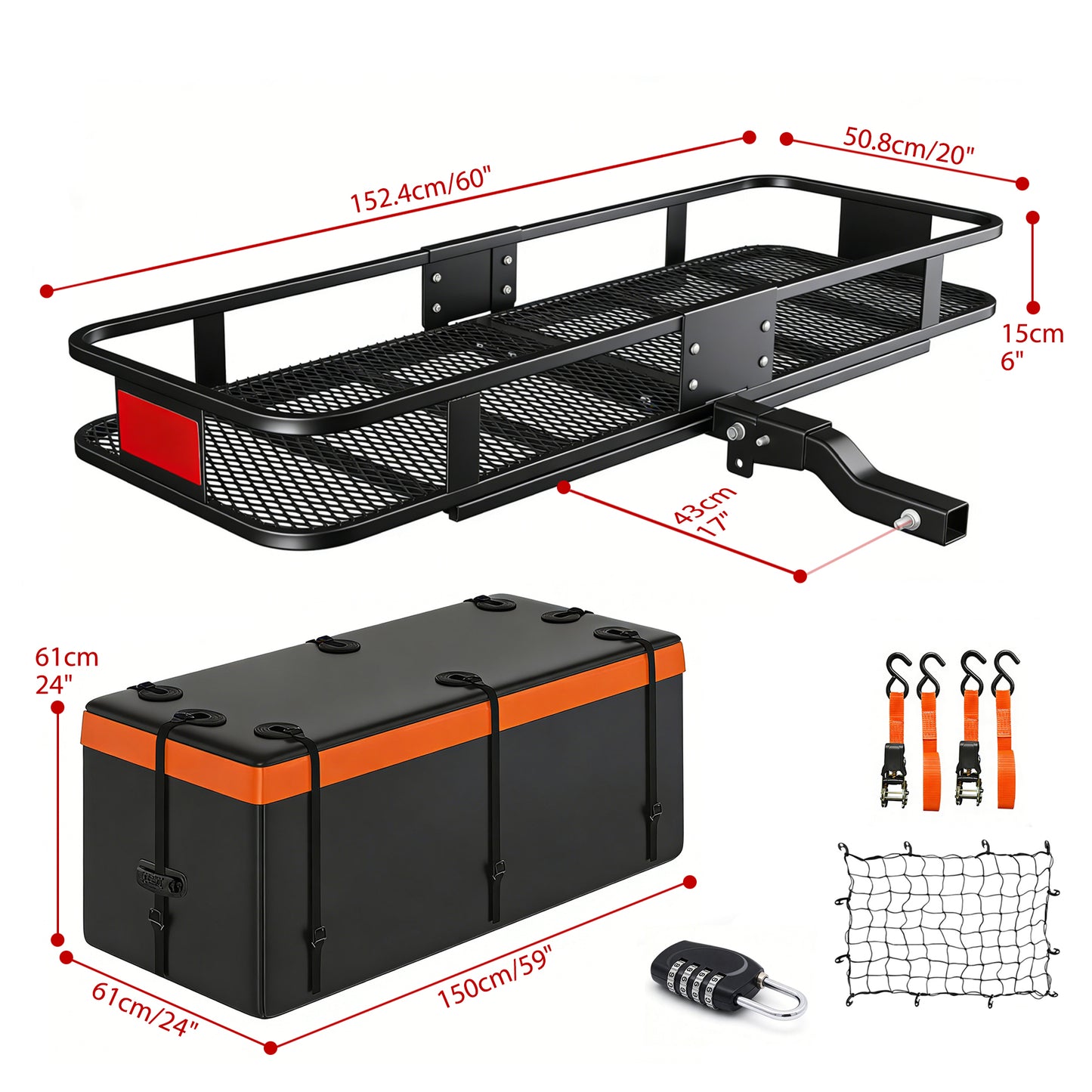 Heavy Duty Folding Hitch mount Cargo Carrier Load Capacity 500Lbs 60"(L)X 20"(W)X 6"(H) Trailer Fold up Luggage Basket with Stablizer Waterproof Bag Net Ratchet Straps Combination Lock for SUV Pickup image 2