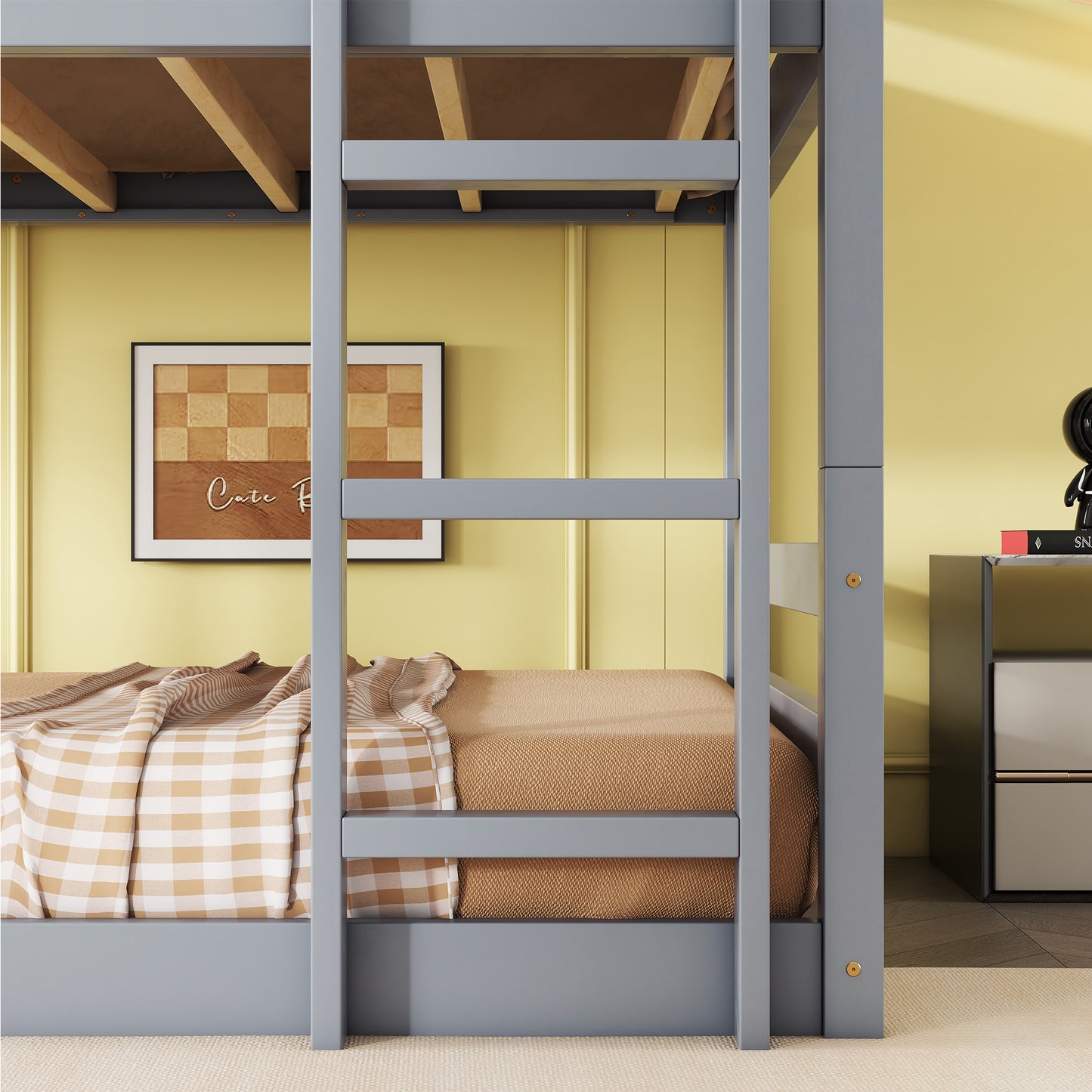 Triple Rubber Wood Bunk Bed with Two Built-in Ladders, Guardrails, Twin over Twin over Twin, Detachable Triple Twin Bunk Bed,Grey image 11