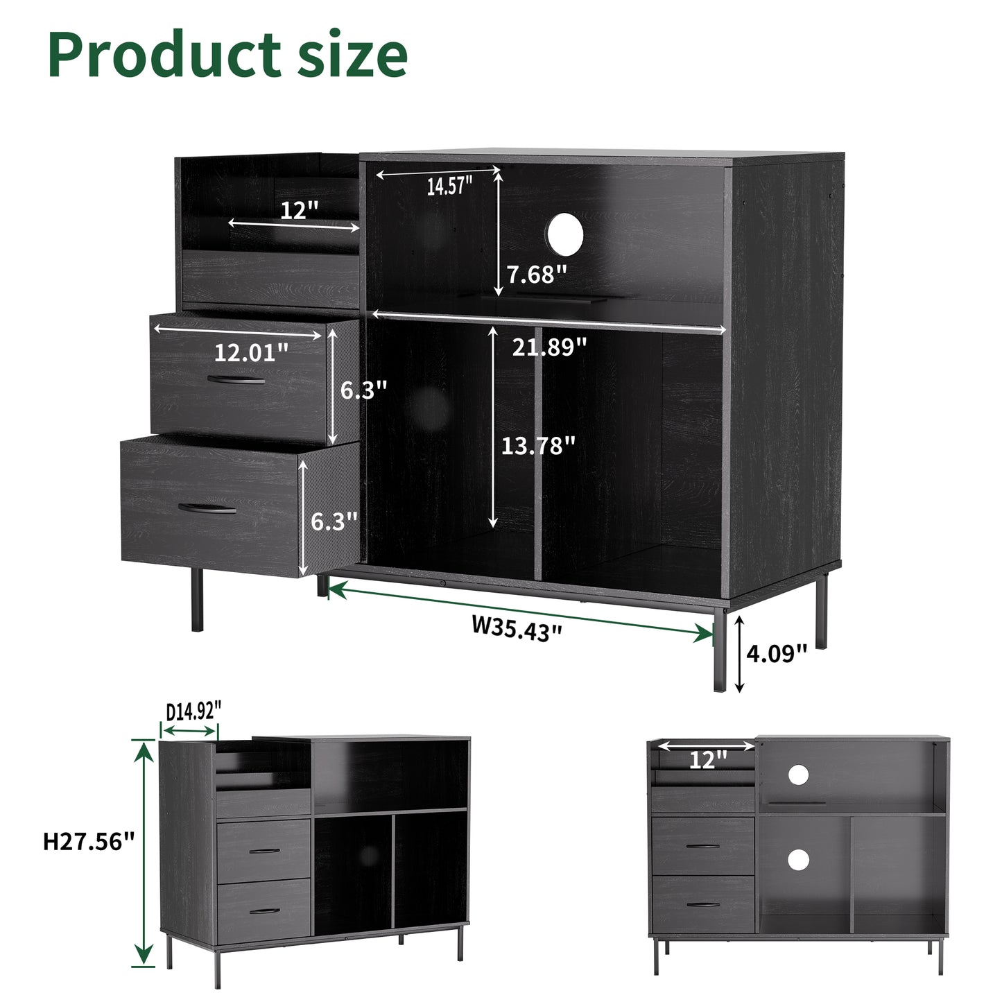 Eco-Friendly Record Player Stand with Flip-Top - Wood Vinyl Storage Cabinet with 2-Outlet Power Strip, Drawers & Dustproof Cubbies, Media Console for Living Room/Study, Black image 2