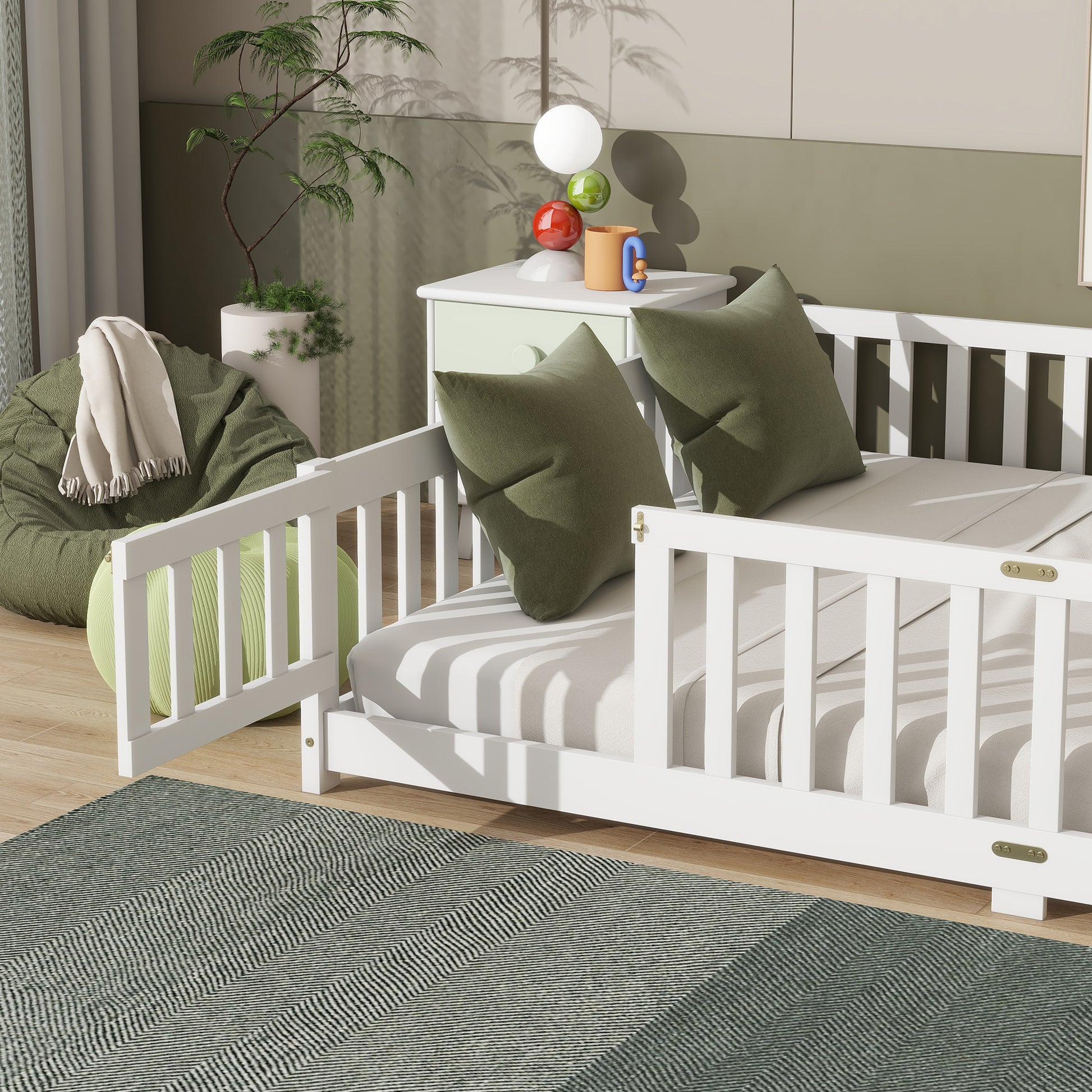 Queen Size Floor Bed with Fence,Door,Rubber Wood Floor Bed with Safety Guardrails,White image 4