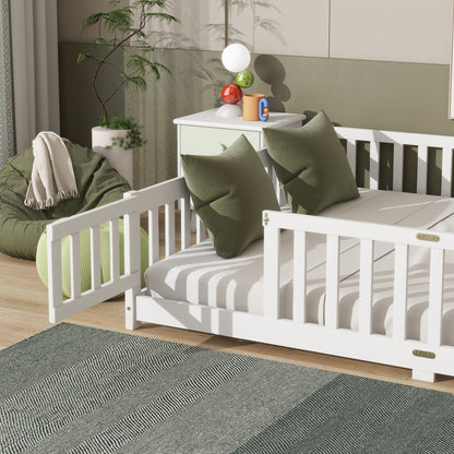 Queen Size Floor Bed with Fence,Door,Rubber Wood Floor Bed with Safety Guardrails,White image 4