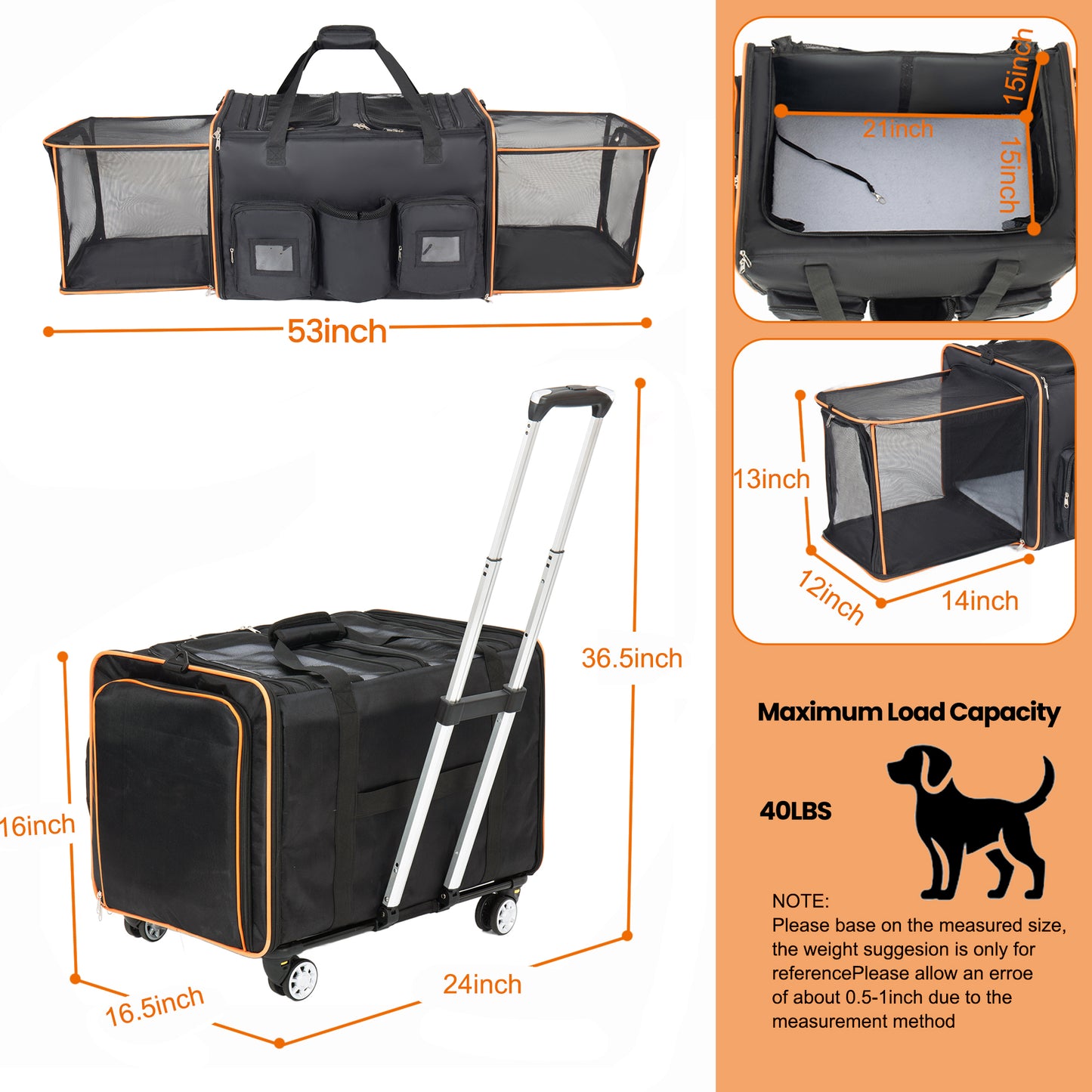 2 in 1 Large Cat Carrier for 2 Cats, Rolling Pet Carrier with Wheels, Expandable Foldable Double Pet Carrier with Removable Divider, Breathable Mesh Oxford, Cat Travel Crate for Car/Camping/Vet, Black image 9