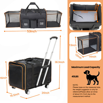 2 in 1 Large Cat Carrier for 2 Cats, Rolling Pet Carrier with Wheels, Expandable Foldable Double Pet Carrier with Removable Divider, Breathable Mesh Oxford, Cat Travel Crate for Car/Camping/Vet, Black image 9