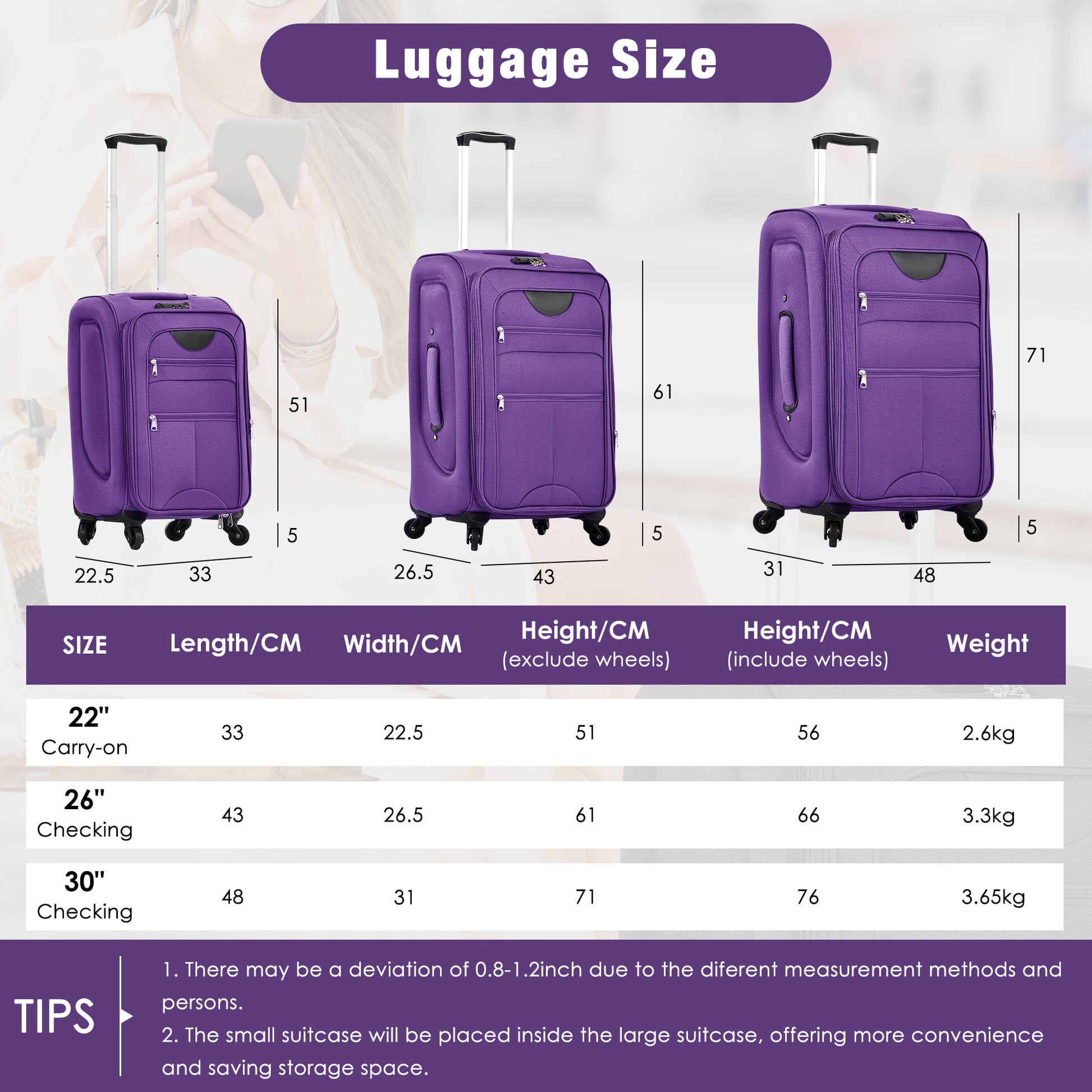 Softside Luggage Expandable 3 Piece Set Suitcase with Duffel Bag Upright Spinner Softshell Lightweight Luggage Travel Set-22/26/30 IN image 3