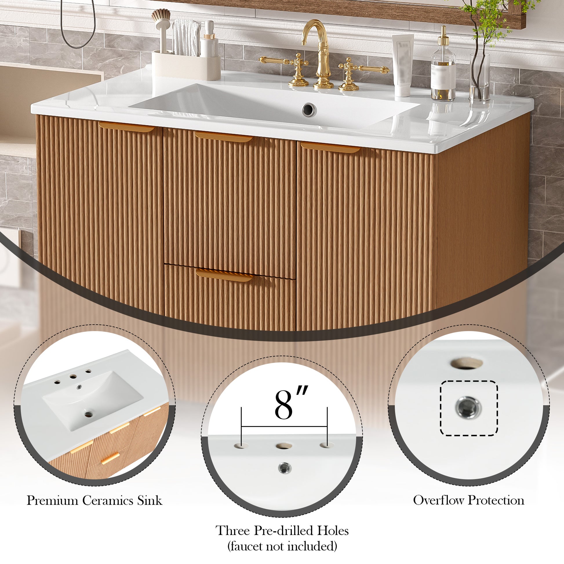 [Video]36 Inch Single Sink Bathroom Vanity with ceramic Top, MDF Cabinet, Soft Close Doors, Divided Drawers, Wall-Mounted Modern Storage Vanity image 7