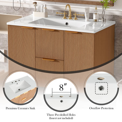 [Video]36 Inch Single Sink Bathroom Vanity with ceramic Top, MDF Cabinet, Soft Close Doors, Divided Drawers, Wall-Mounted Modern Storage Vanity image 7